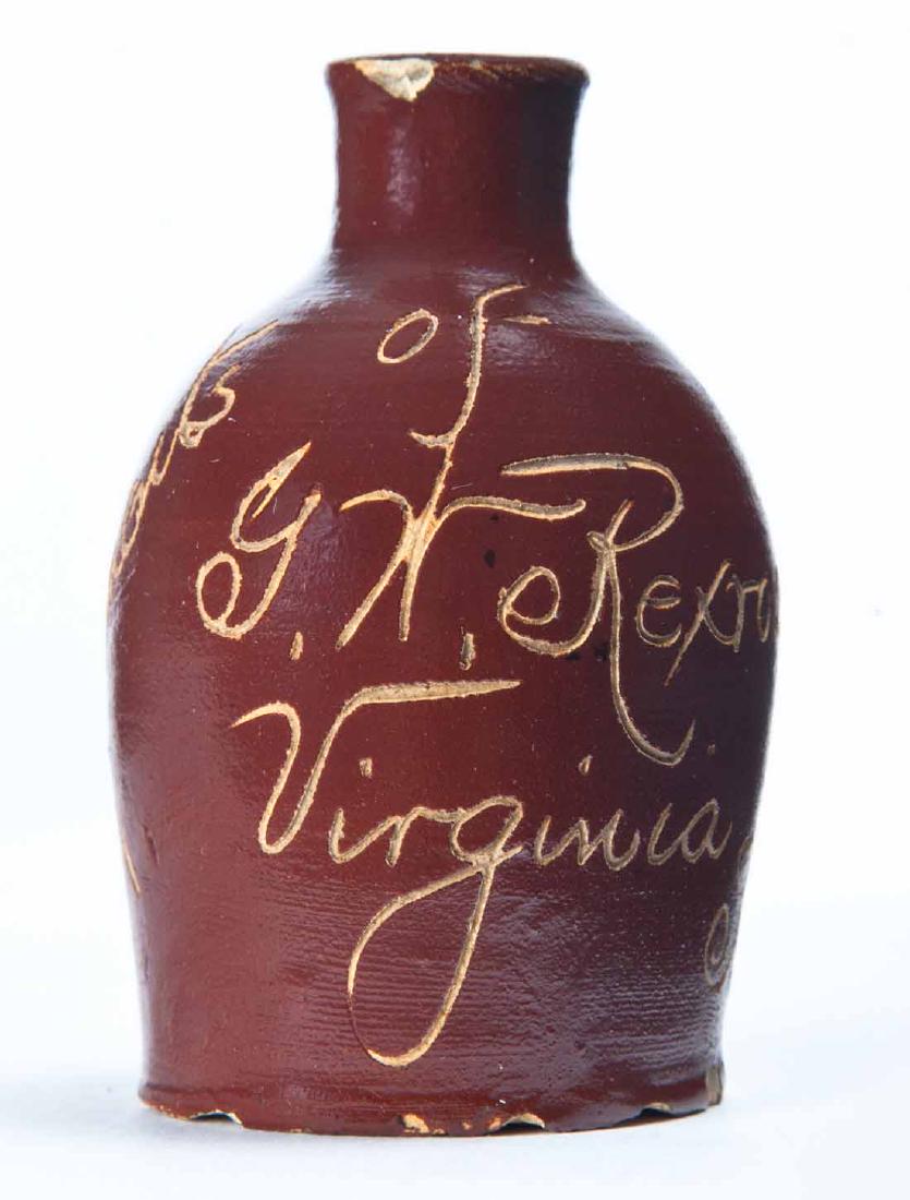 VIRGINIA, ILLINOIS MINIATURE ADVERTISING JUG: Scratch-decorated advertisement "Compliments of G.W. Rexroat." 3" high.