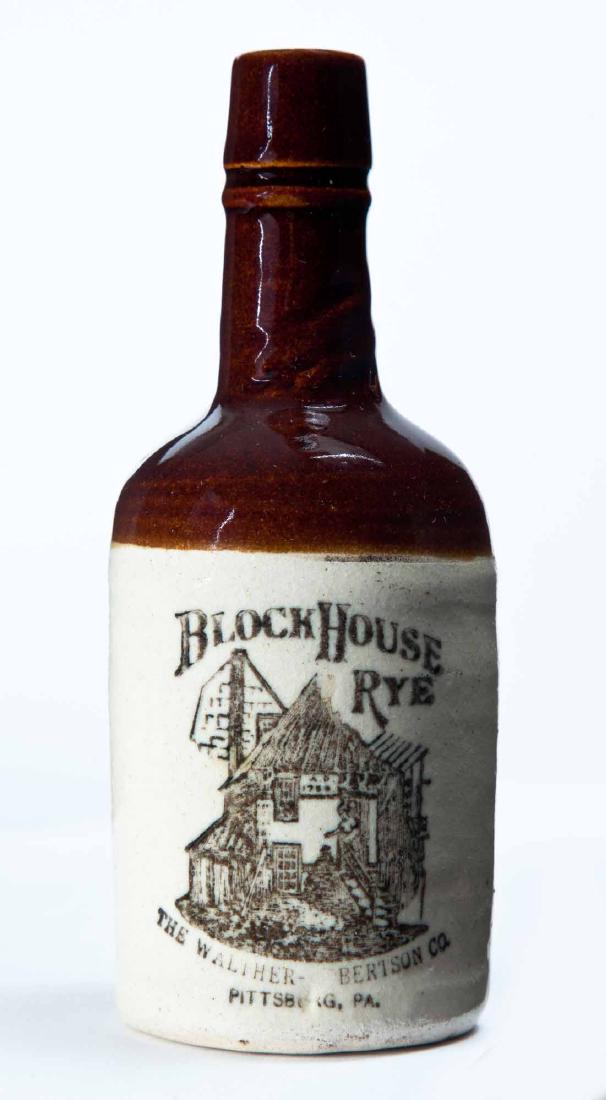 PITTSBURGH, PENNSYLVANIA MINIATURE ADVERTISING BOTTLE: Bicolor glaze and stamped advertisement "BLOCKHOUSE RYE THE WALTHER-BERTSON CO." 5.25" high.