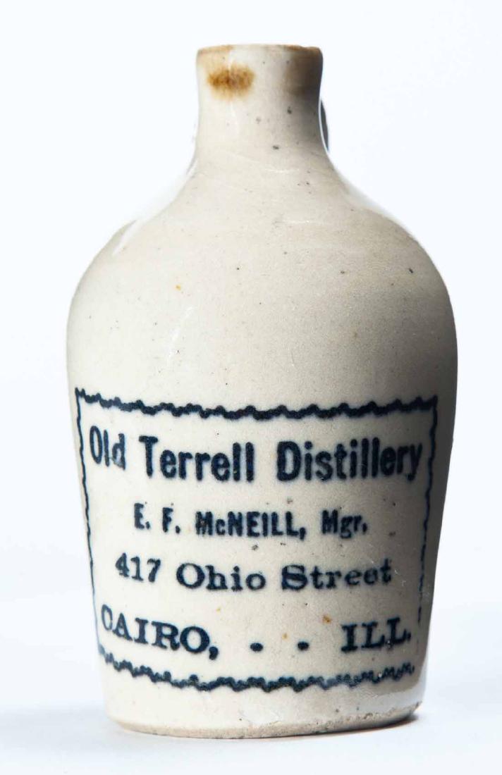 CAIRO, ILLINOIS MINIATURE ADVERTISING JUG: Cream glaze and stamped advertisement "Old Terrell Distillery E.F. McNEILL, Mgrâ€¦" 3.5" high.