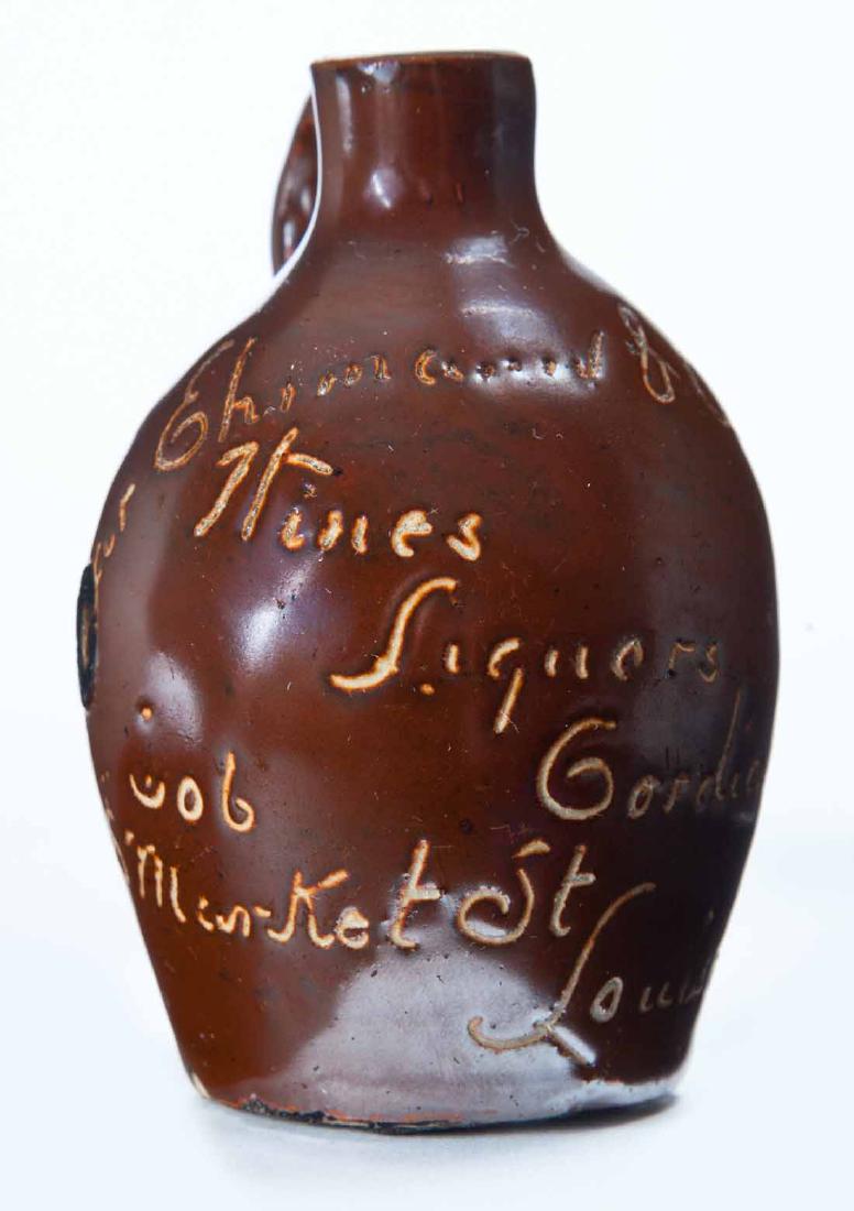 LOUISVILLE, KENTUCKY MINIATURE ADVERTISING JUG: Scratch-decorated advertisement "[---------] Wines Liquors Cordials 156 Market Stâ€¦" 3" high.