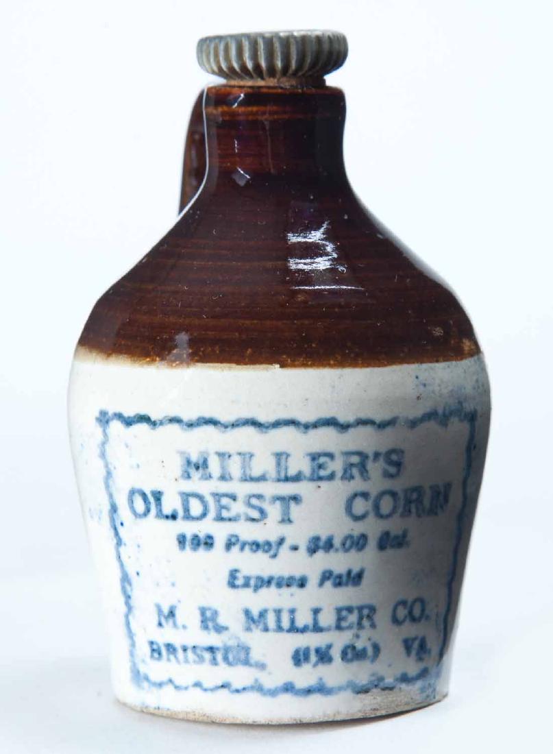 BRISTOL, VIRGINIA MINIATURE ADVERTISING JUG: Bicolor glaze, stopper, and stamped advertisement "MILLER'S OLDEST CORN 100 Proof $4.00 gal. Express Paidâ€¦" 3" high.