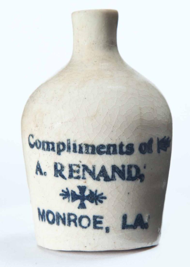 MONROE, LOUISIANA MINIATURE ADVERTISING JUG: Cream glaze and stamped advertisement "Compliments of A. RENANDâ€¦" 3" high.