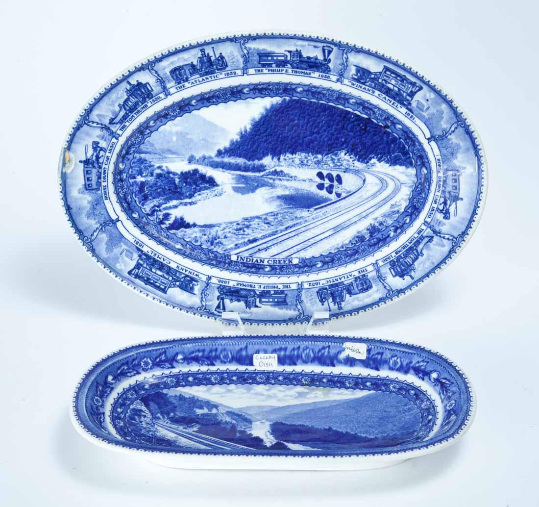 2 SCAMMELL'S LAMBERTON BALTIMORE & OHIO CENTENARY: Marked, blue and white transfer-print first produced for the 1927 Centenary. Includes a large platter with the Indian Creek scene, 14" long; and a celery dish with Cheat River, 11.75" long.