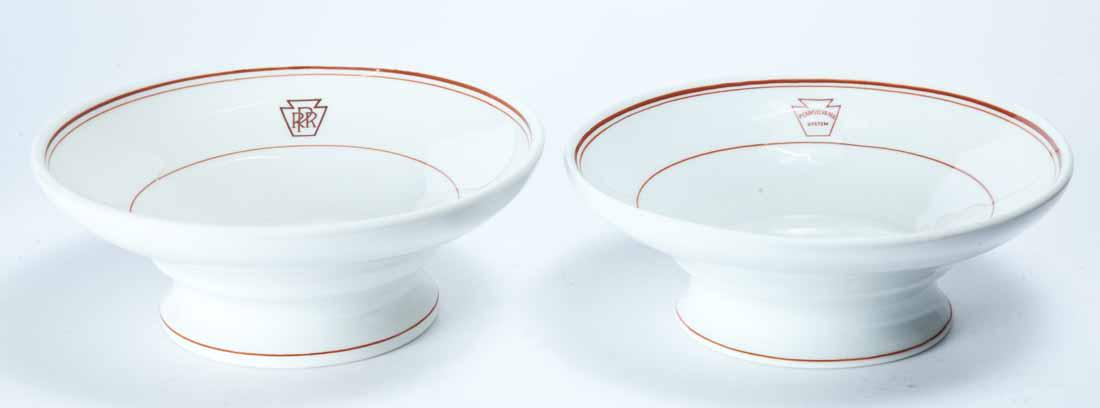TWO PIECES PENNSYLVANIA RAILROAD DINING CAR CHINA: Both "Keystone". One by Lamberton China. 3"h. 7.5"dia. One by Syracuse China. 2.75"h. 7.5"dia.