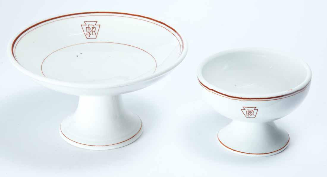 TWO PIECES PENNSYLVANIA RAILROAD DINING CAR CHINA: Both "Keystone" by Lamberton China. Compote. 3.5"h. 6.5"dia. Footed custard/ice cream cup. 3"h. 4"dia.
