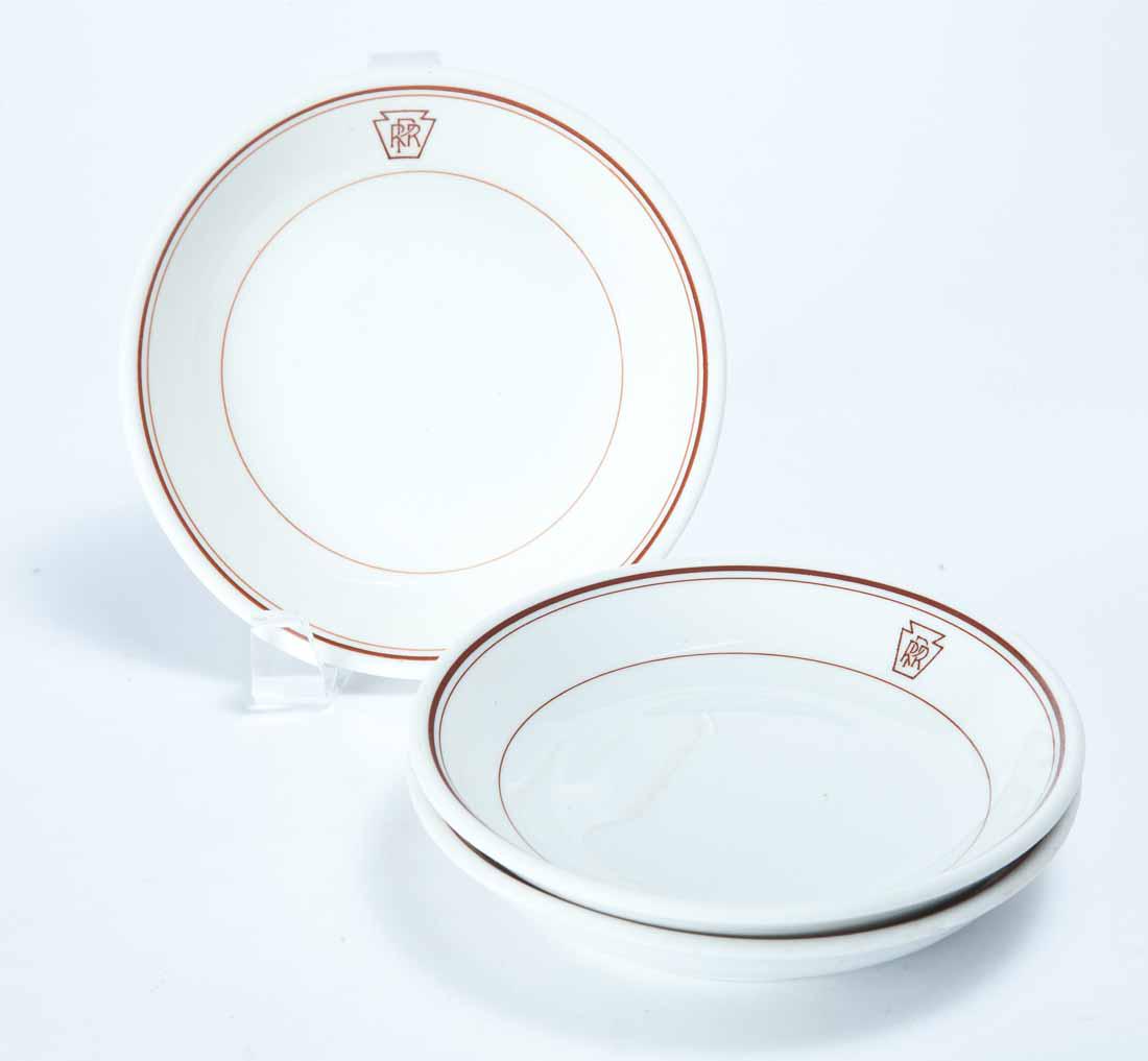 THREE PENNSYLVANIA RAILROAD DINING CAR CHINA SAUCE: All "Keystone" by Lamberton China. 1"h. 5.75"dia.