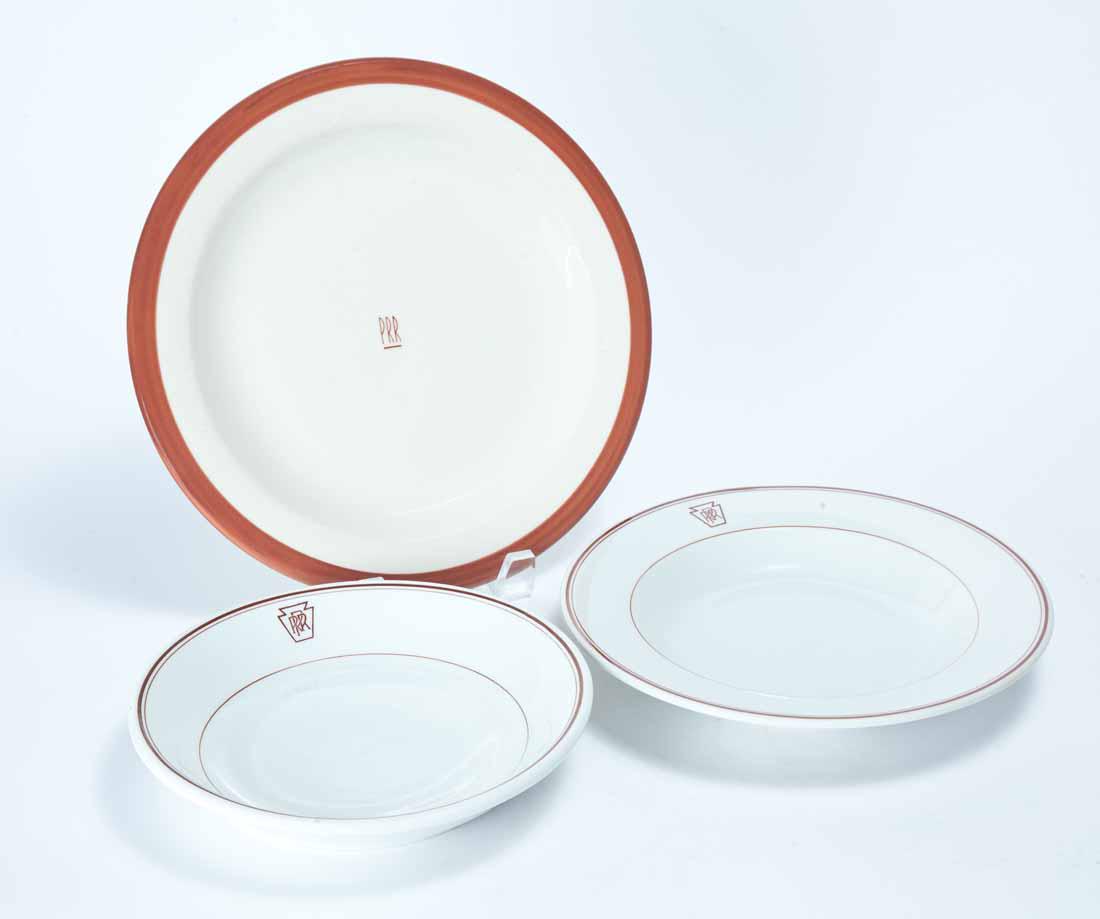 THREE PIECES PENNSYLVANIA RAILROAD DINING CAR CHINA: Two "Keystone"; soup bowl by "Warwick" china and a bowl by "Shenango Pottery". 9"dia. 8.25"dia. Center logo dinner plate in "Ivory" by "Lamberton China". 10.5"dia.