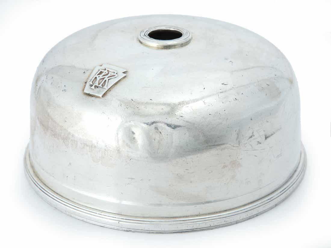 PENNSYLVANIA RAILROAD SILVERPLATE FOOD DOME: Keystone and "PRR" on exterior. Made by "International Silver". 3"h. 6"dia.