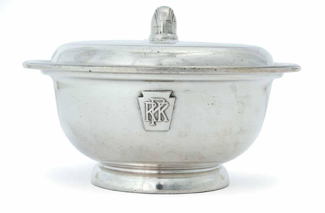 PENNSYLVANIA RAILROAD SILVERPLATE SERVING BOWL AND LID: Keystone and "PRR" on exterior. Made by "International Silver". 4"h. 6.25"dia.