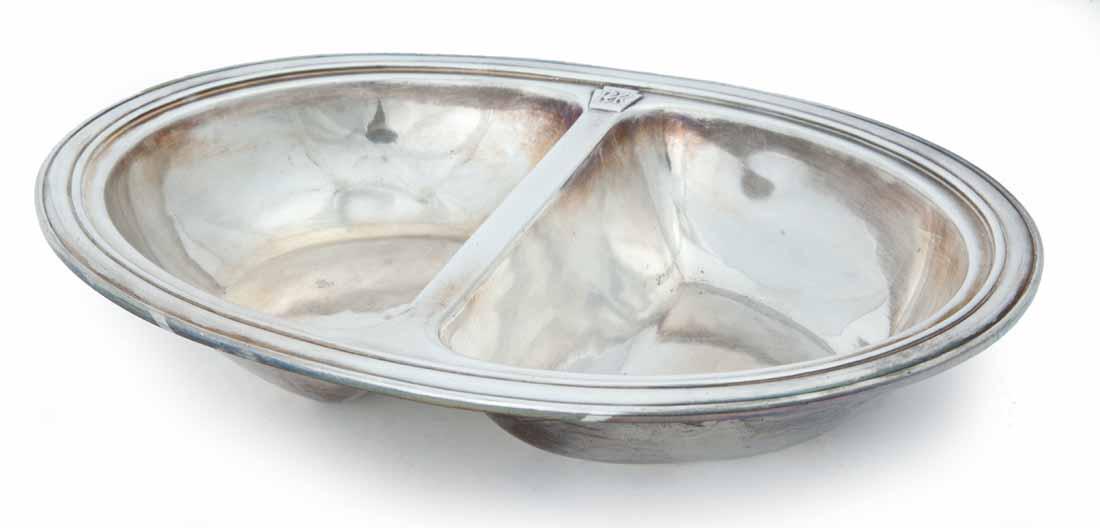 PENNSYLVANIA RAILROAD SILVERPLATE DIVIDED SERVING DISH: Keystone and "PRR" on top edge between dividers and "Property of Pennsylvania Railroad" on base. 1.75"h. 11"w.