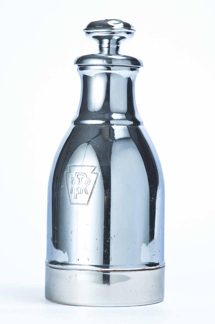 PENNSYLVANIA RAILROAD STANLEY THERMOS: Chrome with "PRR" engraved inside keystone on front. Bottom reads, "Stanley Super-Vac, It Will Not Break, Landers, Frary & Clark, New Britain, Conn." 11"h.