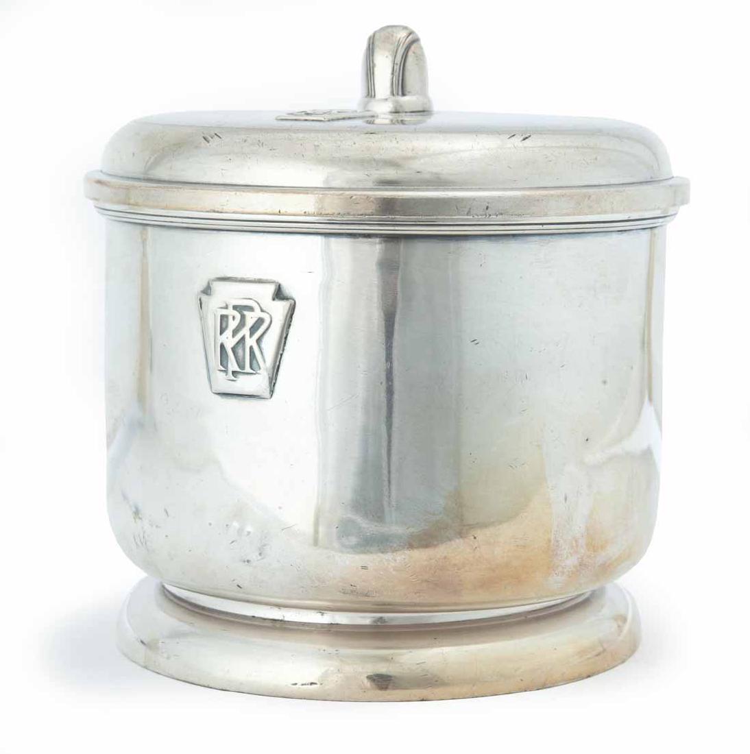PENNSYLVANIA RAILROAD SILVERPLATE ICE BUCKET & LID: Keystone and "PRR" on front of bucket & top of lid. Made by "International Silver". 6"h. 5"dia.
