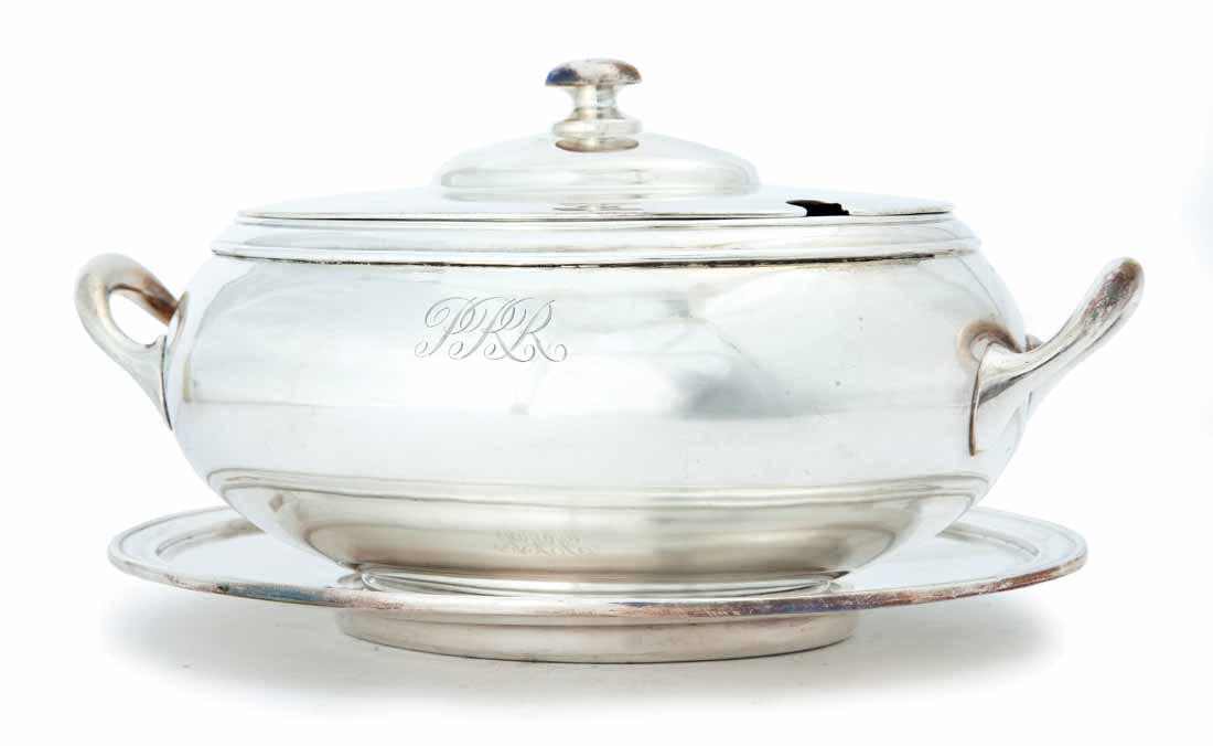 PENNSYLVANIA RAILROAD SILVERPLATE TUREEN AND TRAY: Footed soup or vegetable tureen with engraved "PRR" on front and handles on each end. With lid with ladle hole and undertray, which is also marked with engraved "PRR". All made by "Reed & Barton". 6"h