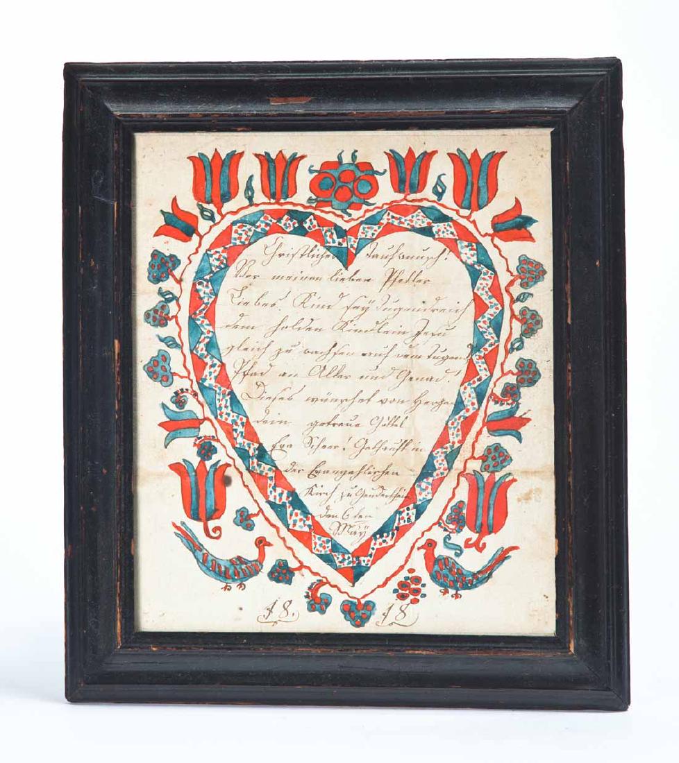 FRAKTUR BIRTH CERTIFICATE.: Ink and watercolor on paper, done for Eva Scheer, born in Alsace on March 6, 1818. The text within a large heart and surrounded by tulips. Older frame, 10.5" high, 9" wide. Ex Mildred Samaha (Ohio).