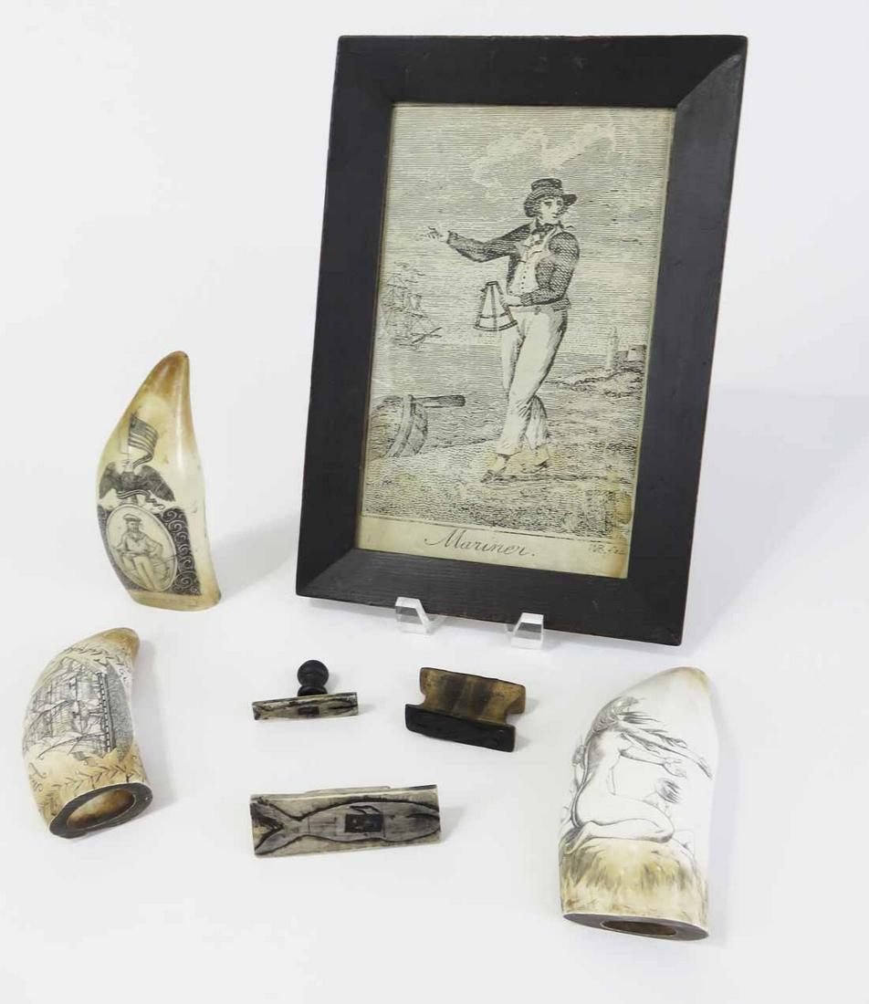 COLLECTION OF NAUTICAL-THEMED DECOR: Includes a 19th-century print titled "Mariner," three reproduction whalebook stamps, and three reproduction scrimshaw whale teeth. Print is 13.5" high, 9.5" wide (framed). This lot is eligible for pic
