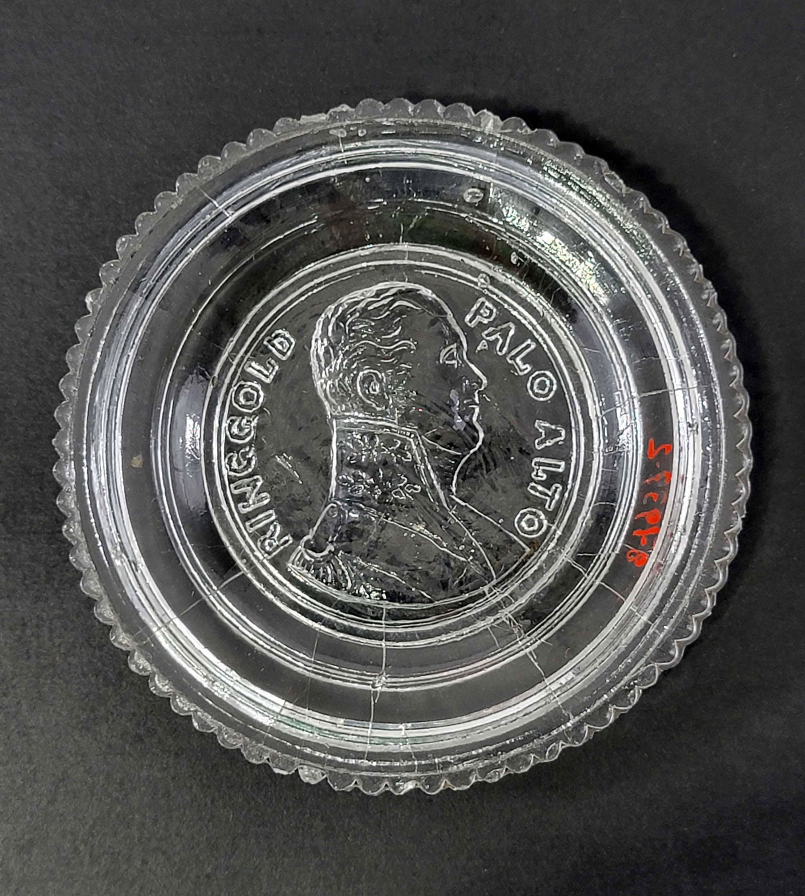 RINGGOLD PALO ALTO CUP PLATE: Philadelphia, PA, c. 1846, colorless. 3.375" diameter. (SS4)