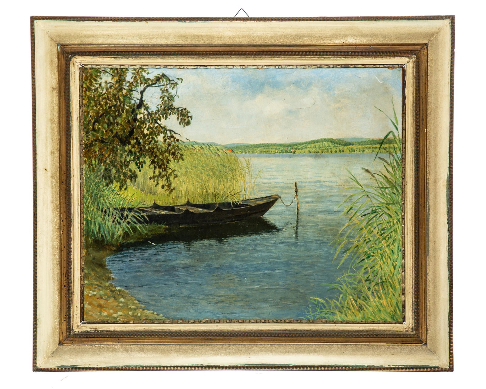 RIVER LANDSCAPE: Oil on masonite, monogrammed lower right "MO" and dated 1928. Pastoral view of a river, with a boat tied up at the mouth of a creek, and with rolling hills in the background. In its original German fr