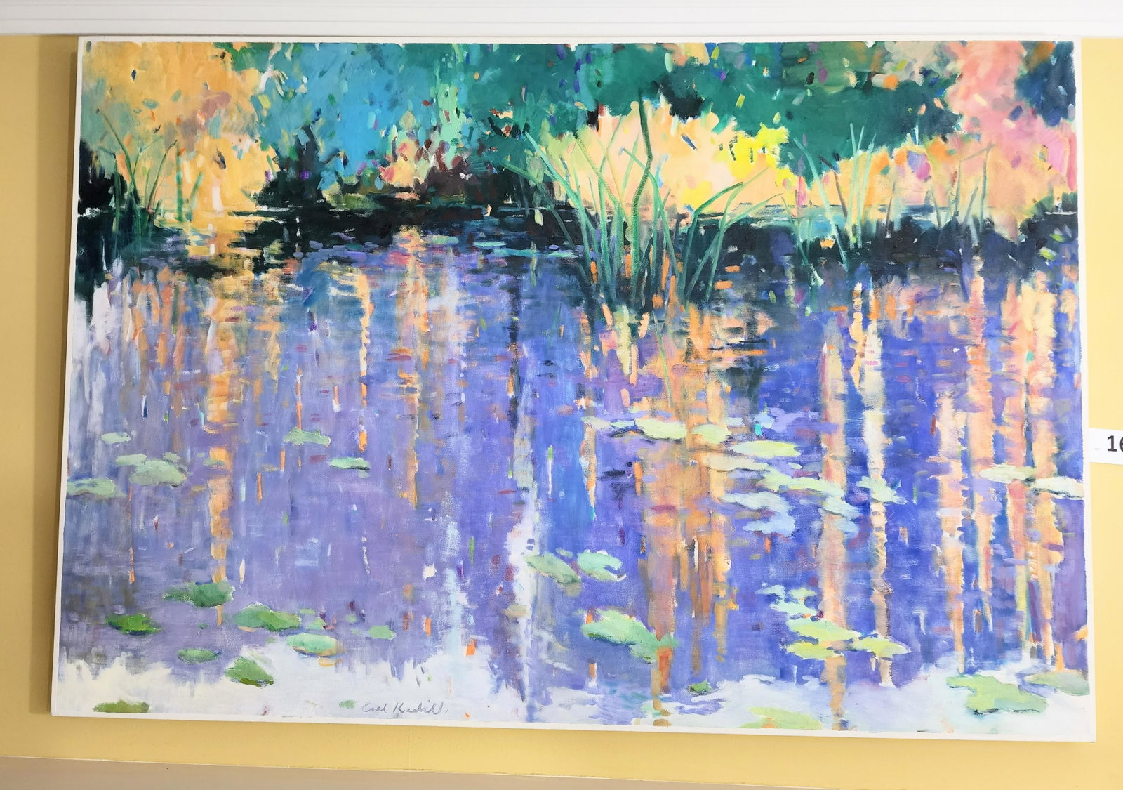 IMPRESSIONIST LANDSCAPE BY CARL KRABILL (OH/NC, 1930-2018): Oil on canvas, signed lower left. Large and vividly colored landscape with pond. Unframed. 38.25" high, 56" wide.