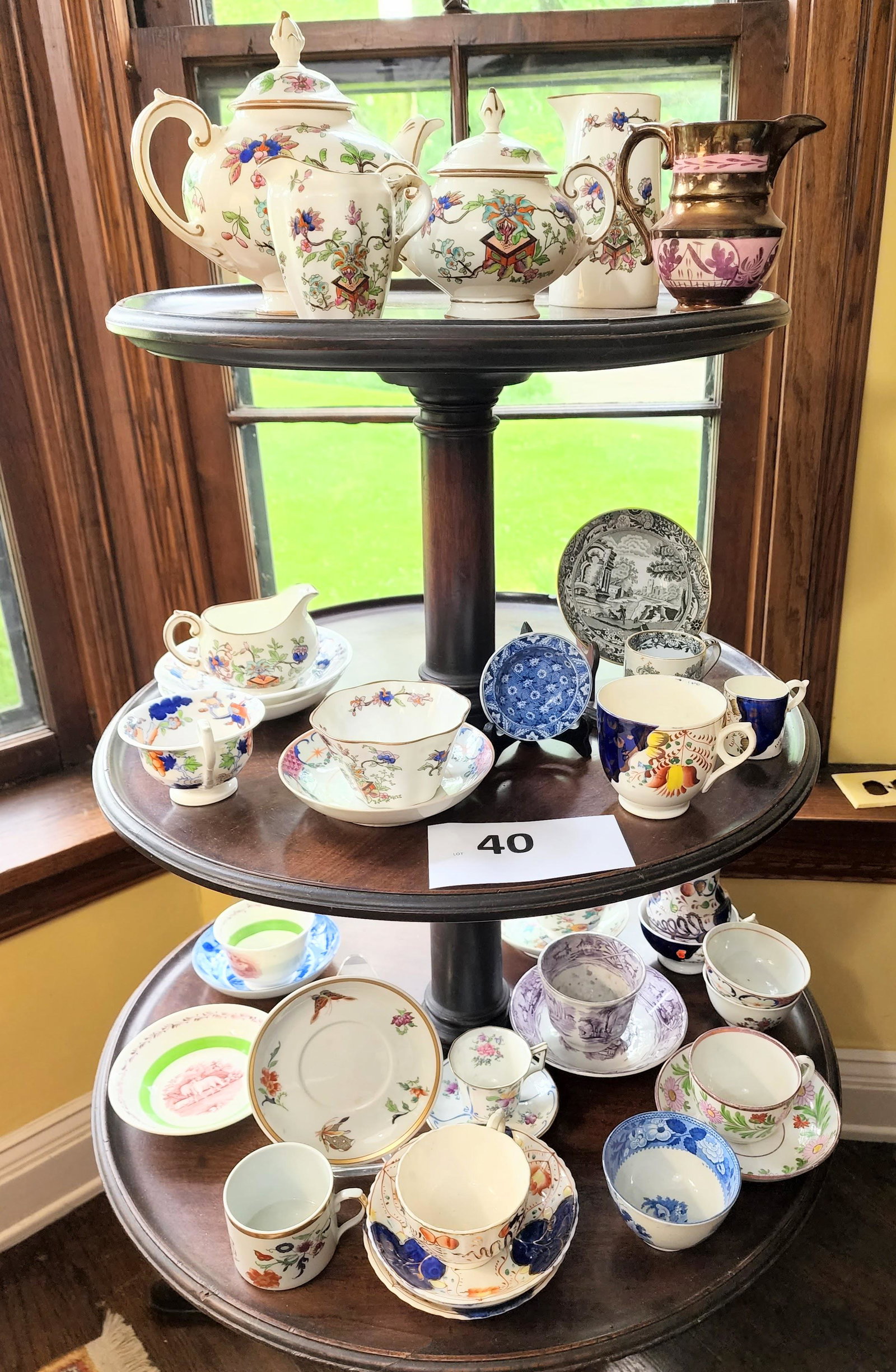 COLLECTION OF ENGLISH TEA WARES: 19th-20th century. Includes enameled, transfer-printed, and gaudy, and some are marked Coalport and Copeland Spode . @