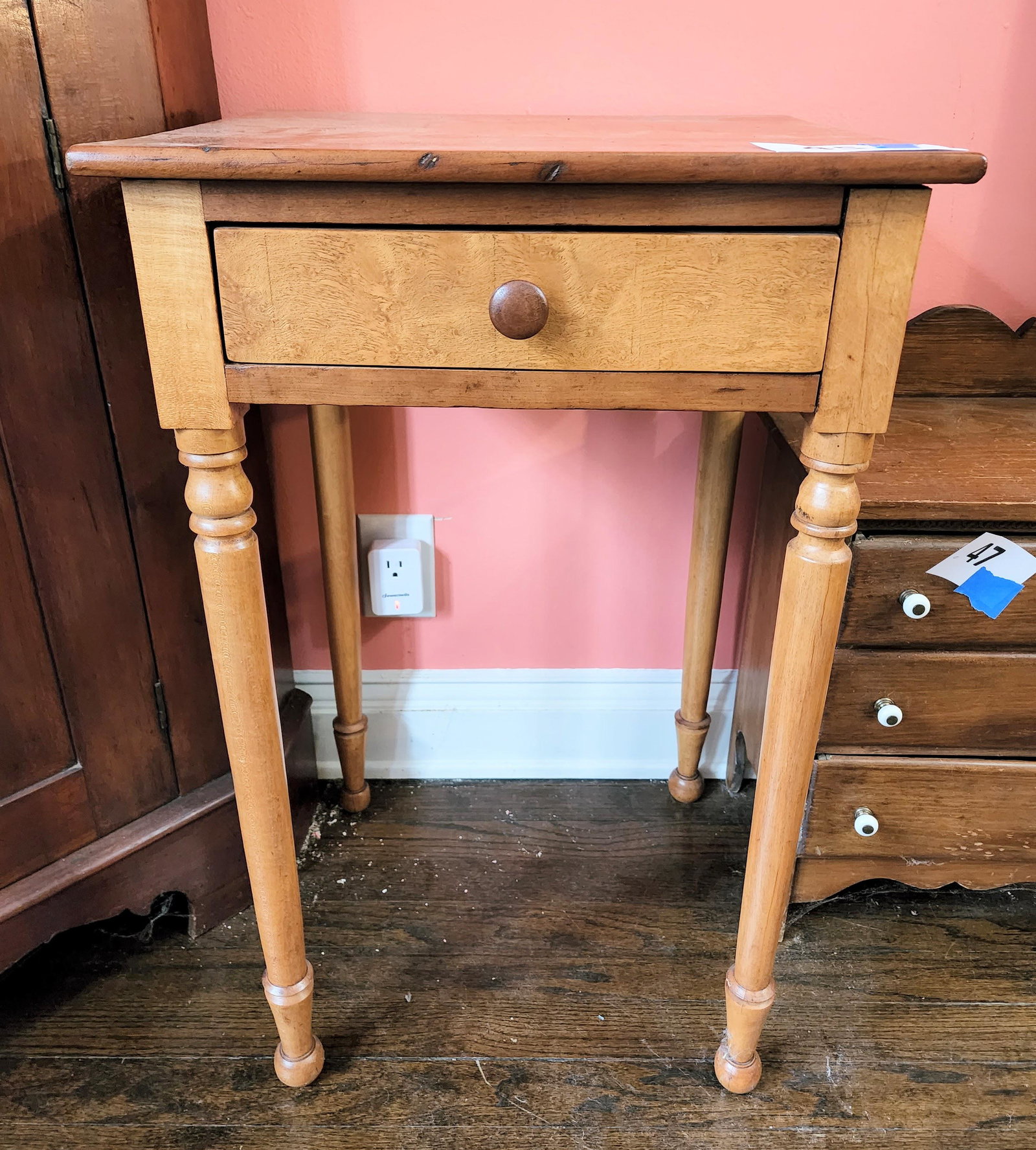 SHERATON STAND: American, 19th century, maple, with single drawer 28.25" high, 18" wide, 16" deep.