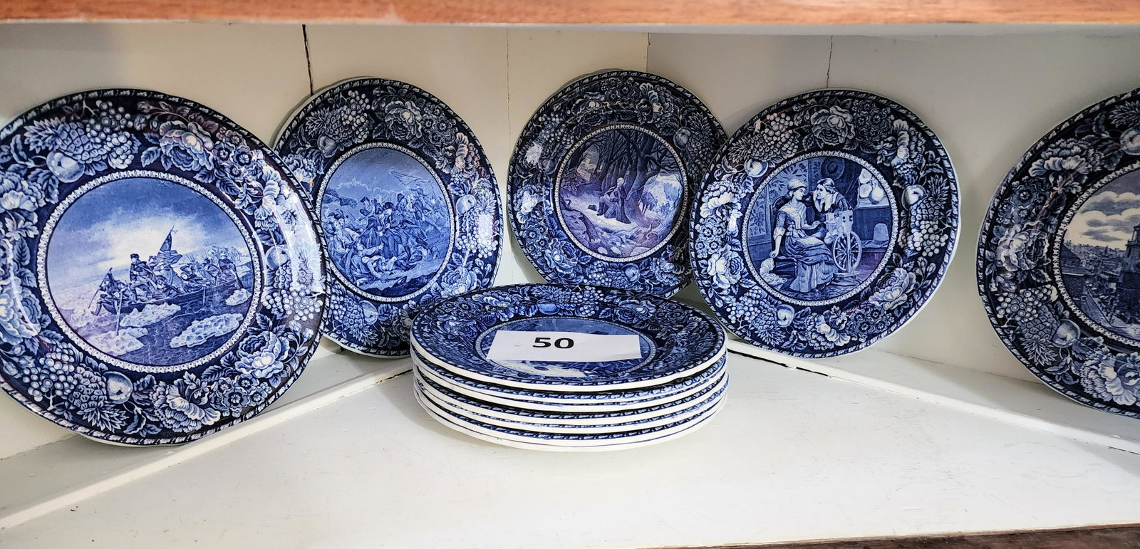 SET OF 12 ROWLAND & MARSELLUS STAFFORDSHIRE PLATES: English, Staffordshire, early 20th. Transferware commemorative souvenir plates celebrating the early founders of America. Commissioned by Rowland & Marsellus of New York (1893-1938). 10" diameter.