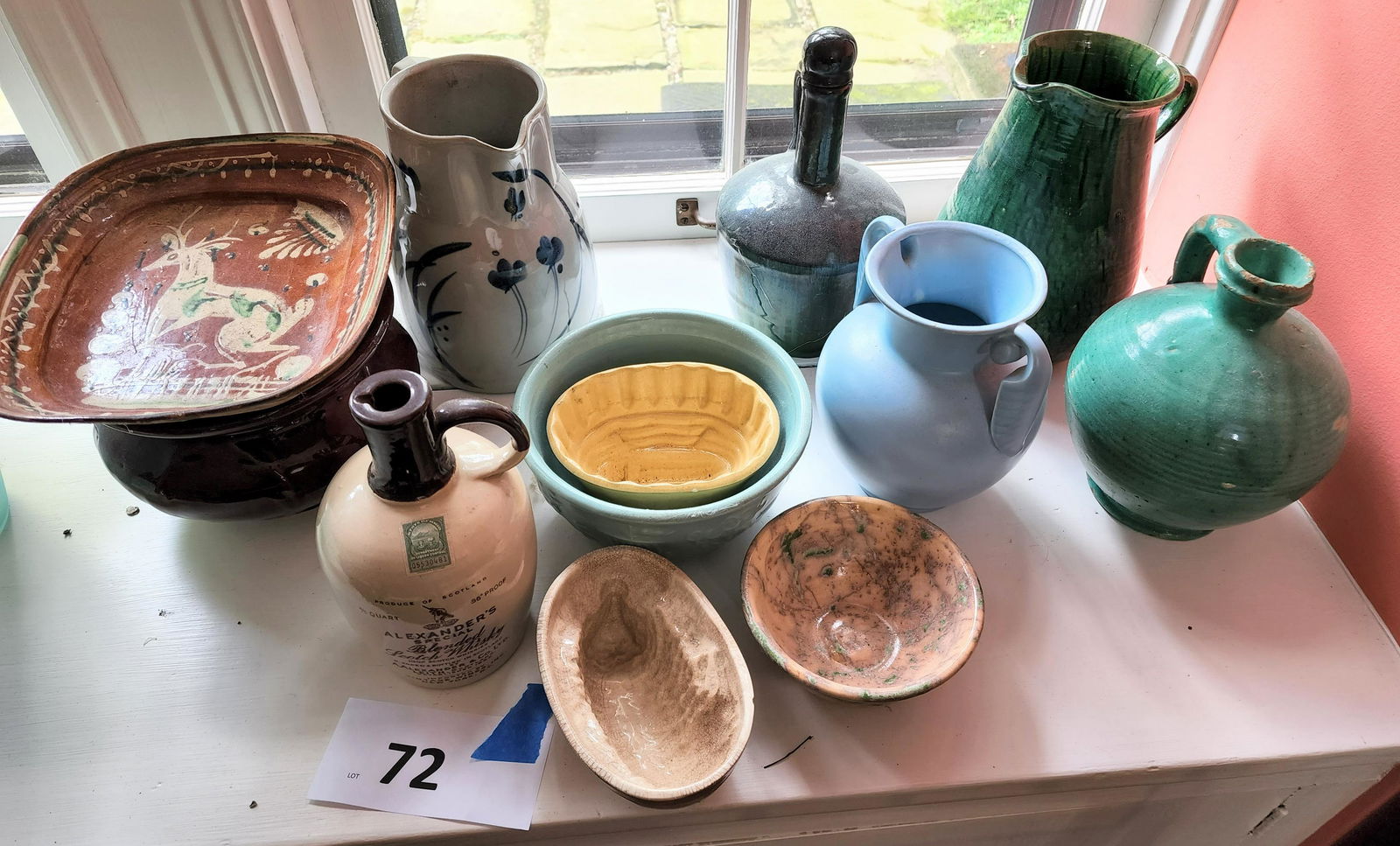 COLLECTION OF CERAMICS: 20th century. Nice variety, including a Mexican redware dish with deer, a liquor jug, food molds, a French oil jug, and more.