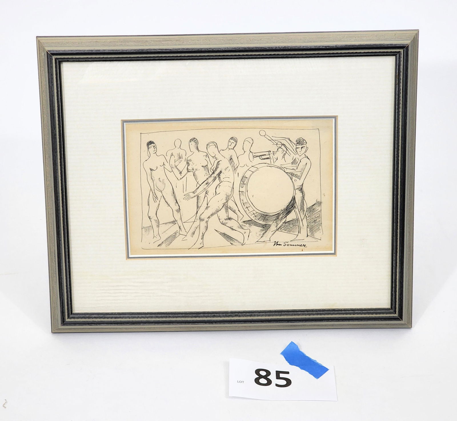 NAKED MARCHING BAND BY WILLIAM SOMMER (OHIO, 1867â€“1949): Cleveland,OH, 20th century, signed. Pen and ink drawing of nude males and females marching with drums, framed. 11" high, 13.25" wide. Sommer was a founder of the Kokoon Club.