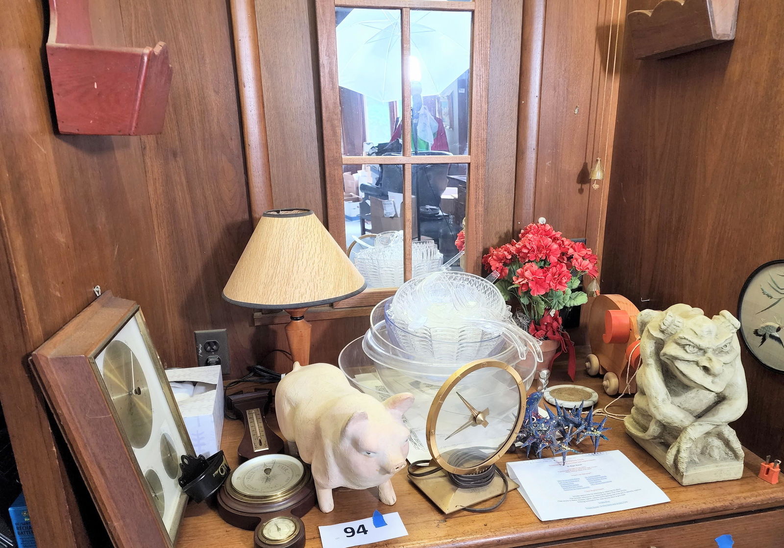 COLLECTION OF DECOR: Includes Airglide barometer, clock, party ware, hanging wall boxes.