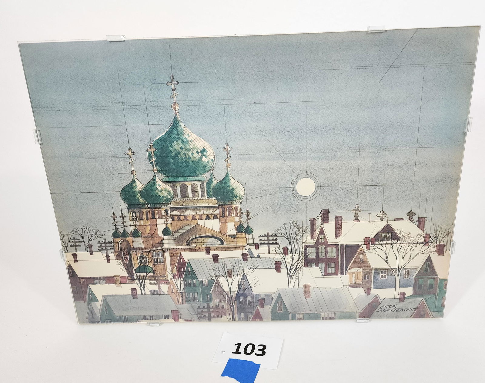 THREE PRINTS BY VIKTOR SCHRECKENGOST (OHIO, 1906-2008): 20th century. Includes St. Stanislaus in Tremont, cityscape, and Rockefeller Park Bridge. All mounted to hang. 17" high, 23" wide.