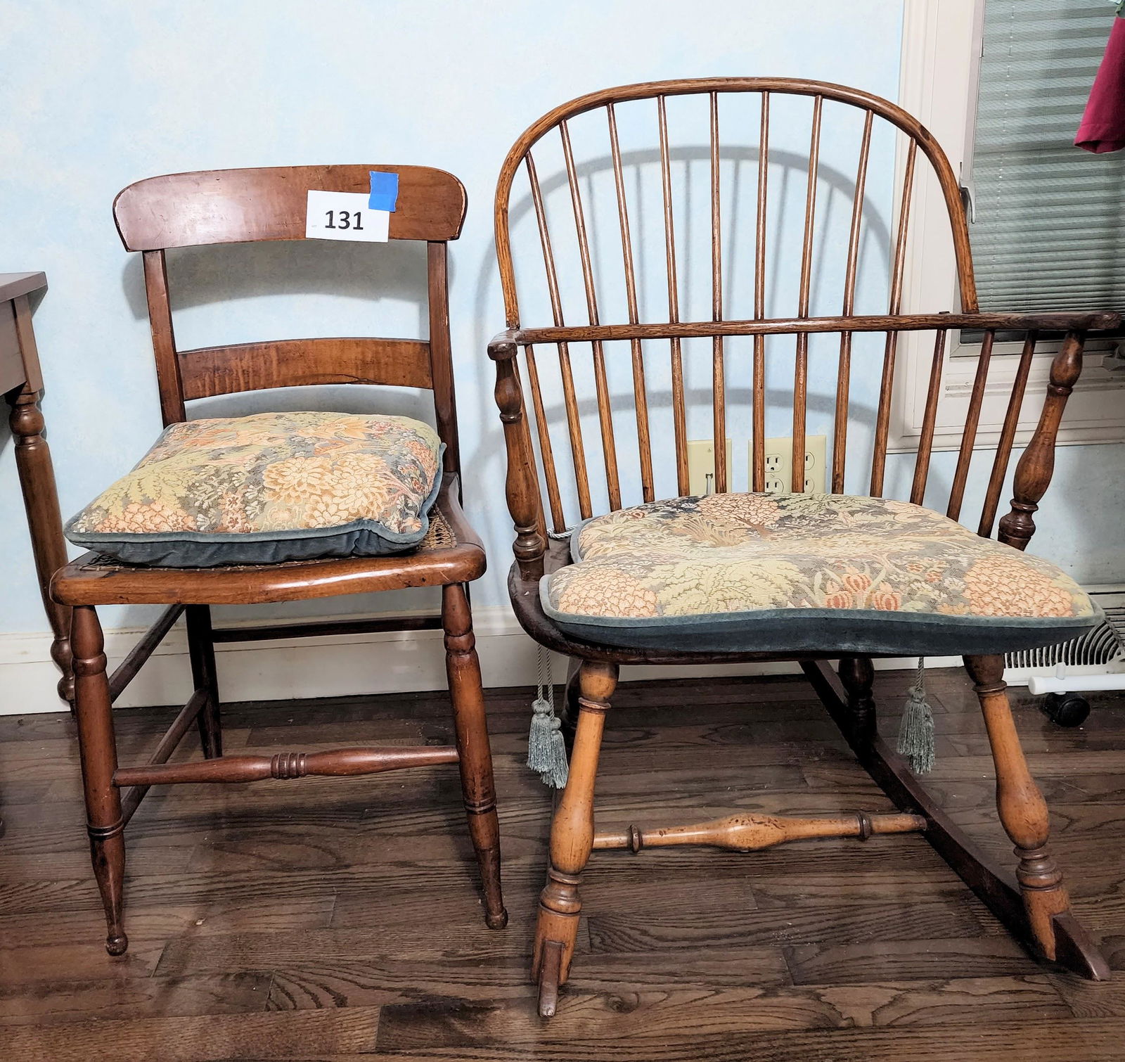 TWO EARLY AMERICAN CHAIRS: Includes a late 18th-century windsor rocking chair, 36" high; together with a classical chair with a caned seat, 32" high.