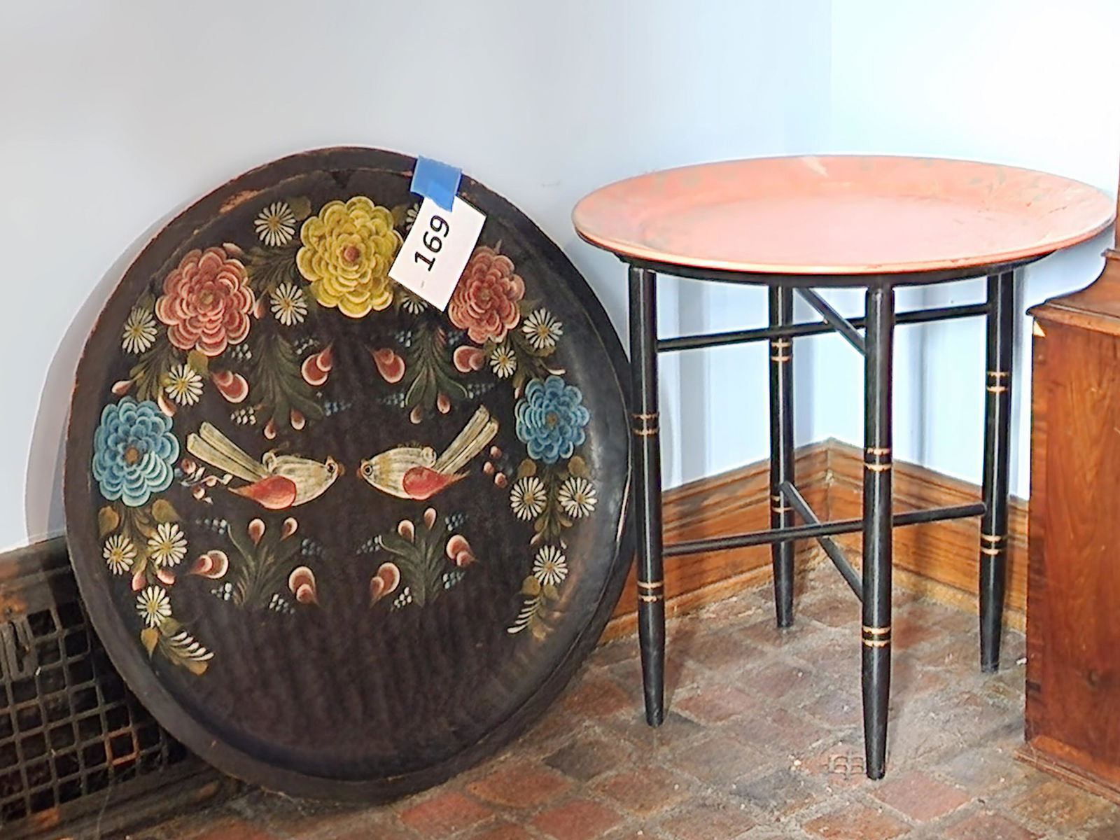 FOLDING SIDE TABLE WITH TOLE TRAY: 20th century. Includes two additional trays that could be used as top. Diameter of the largest is 23".