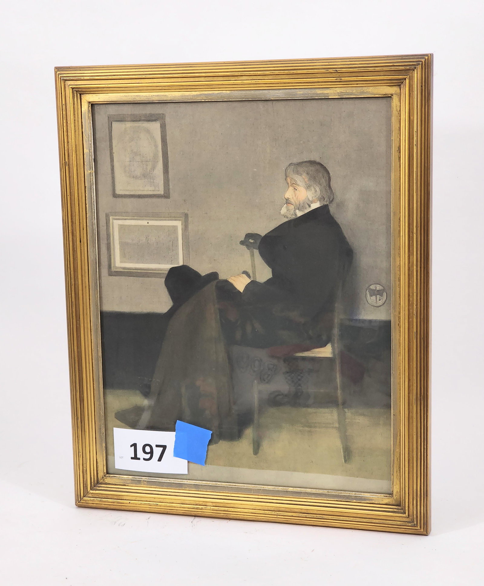 VINTAGE PRINT BY JAMES MCNEILL WHISTLER (1834-1903): "Arrangement in Grey and Black, No. 2: Portrait of Thomas Carlyle," in a gilt frame. 22" high, 18" wide.