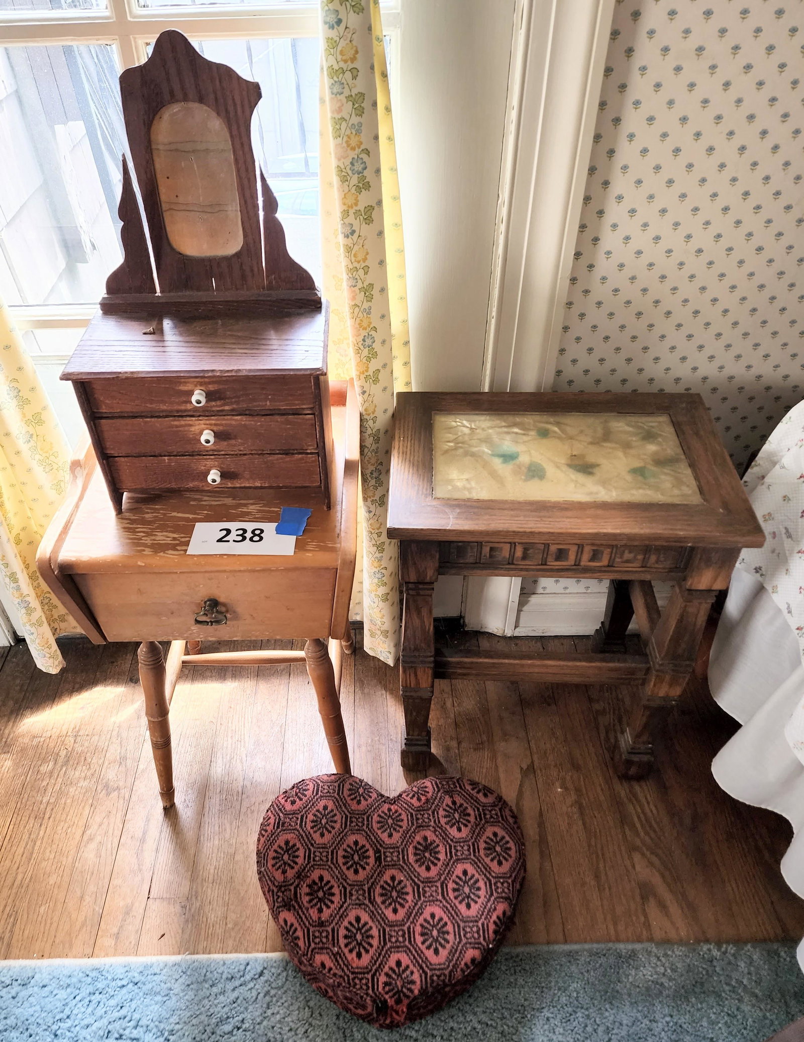 FOUR PIECES OF FURNITURE: Includes a Jacobean-style stand, maple side table, heart-shaped stool, and a doll-sized dresser (damage).