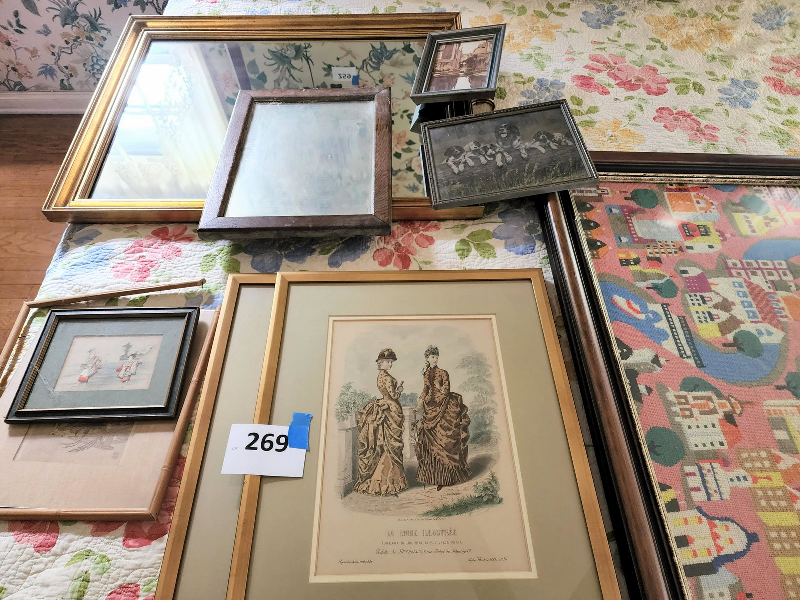 COLLECTION OF ARTWORK AND FRAMES: Includes mirrors, antique prints and photograph, and a large needlework.