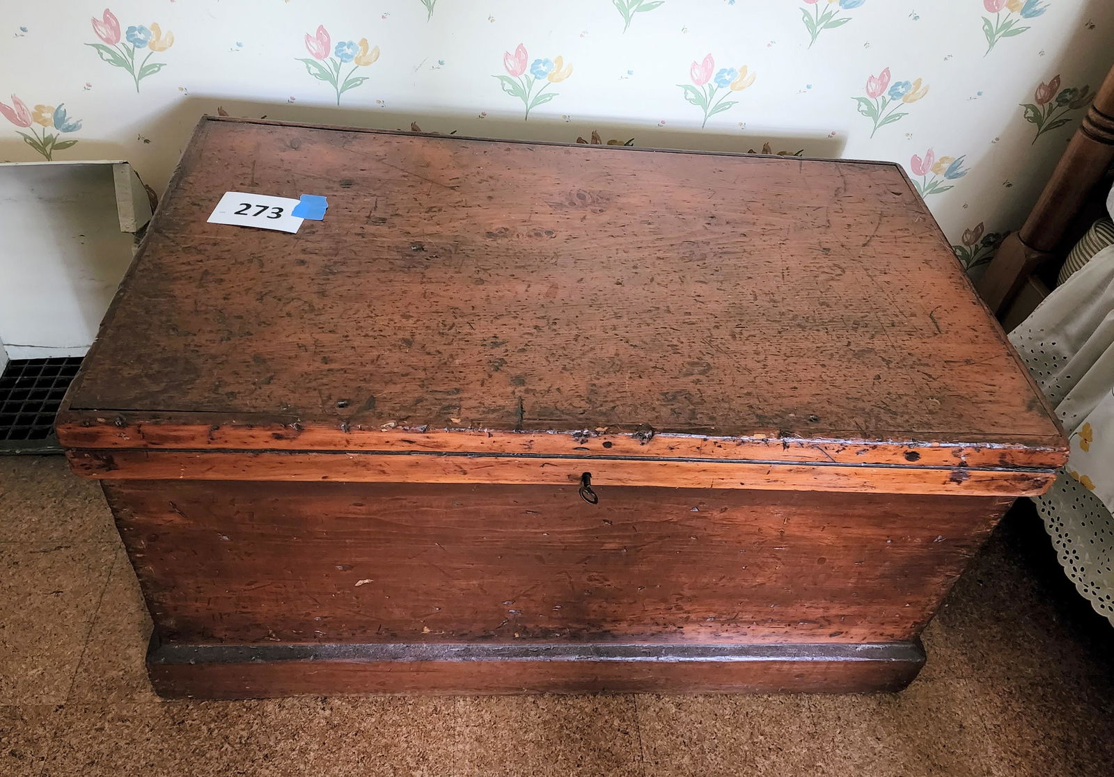 ANTIQUE TOOL CHEST: American, 19th century, pine. Dovetailed, with iron handles and function lock (with key). 26" high, 30" wide.
