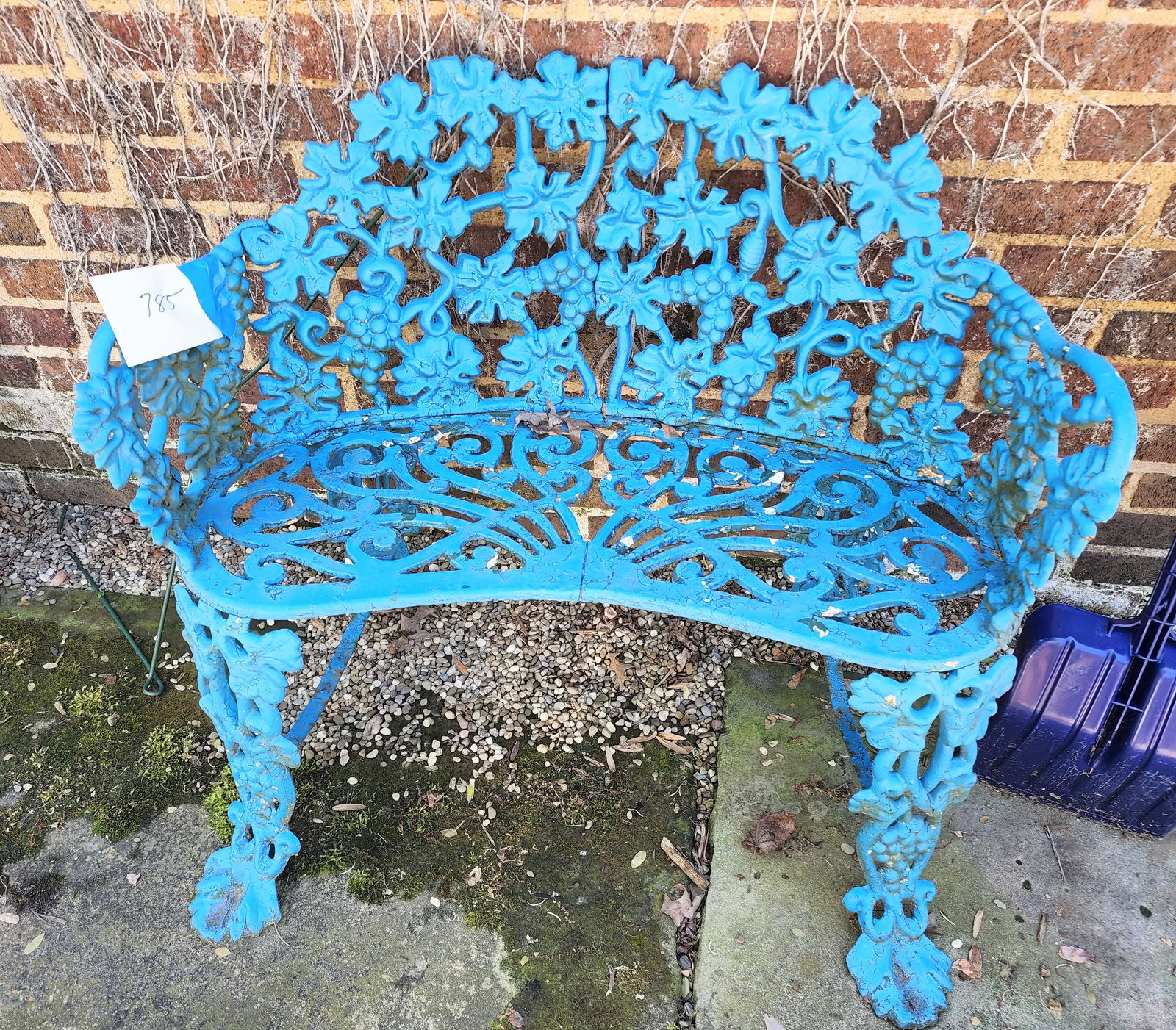 CAST IRON GARDEN BENCH: Vintage, in bright blue paint.