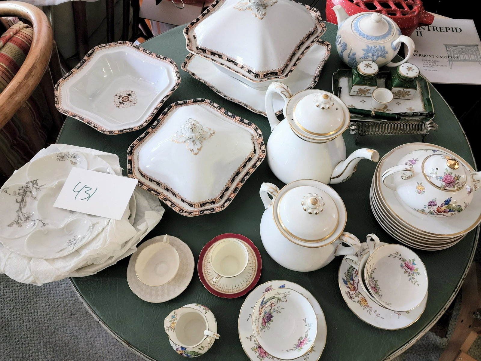 SELECTION OF CHINA AND DESK ACCESSORIES: British, 19th century Woods tureen with underplate and lid, two square vegetables and one with a lid, French, 19th/20th century Limoges oyster plates (4) marked "MC c / L/ FRANCE/ HAVILAND & CO. I.T. 