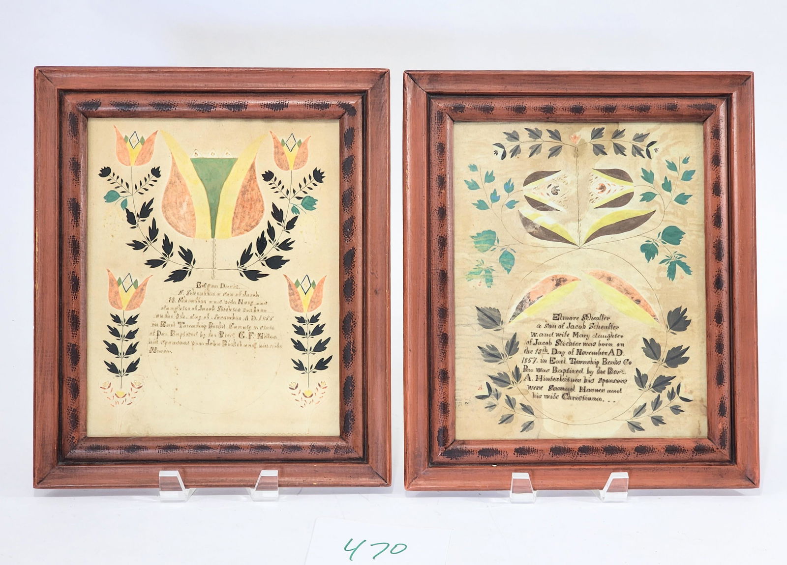 RARE PAIR OF SIBLING FRAKTUR: Earl Township, Berks County, Pennsylvania, c. 1860, watercolor and ink on paper. Each with central text surrounded by stenciled tulips, including a very large tulip at top. In modern, grain-painted fr