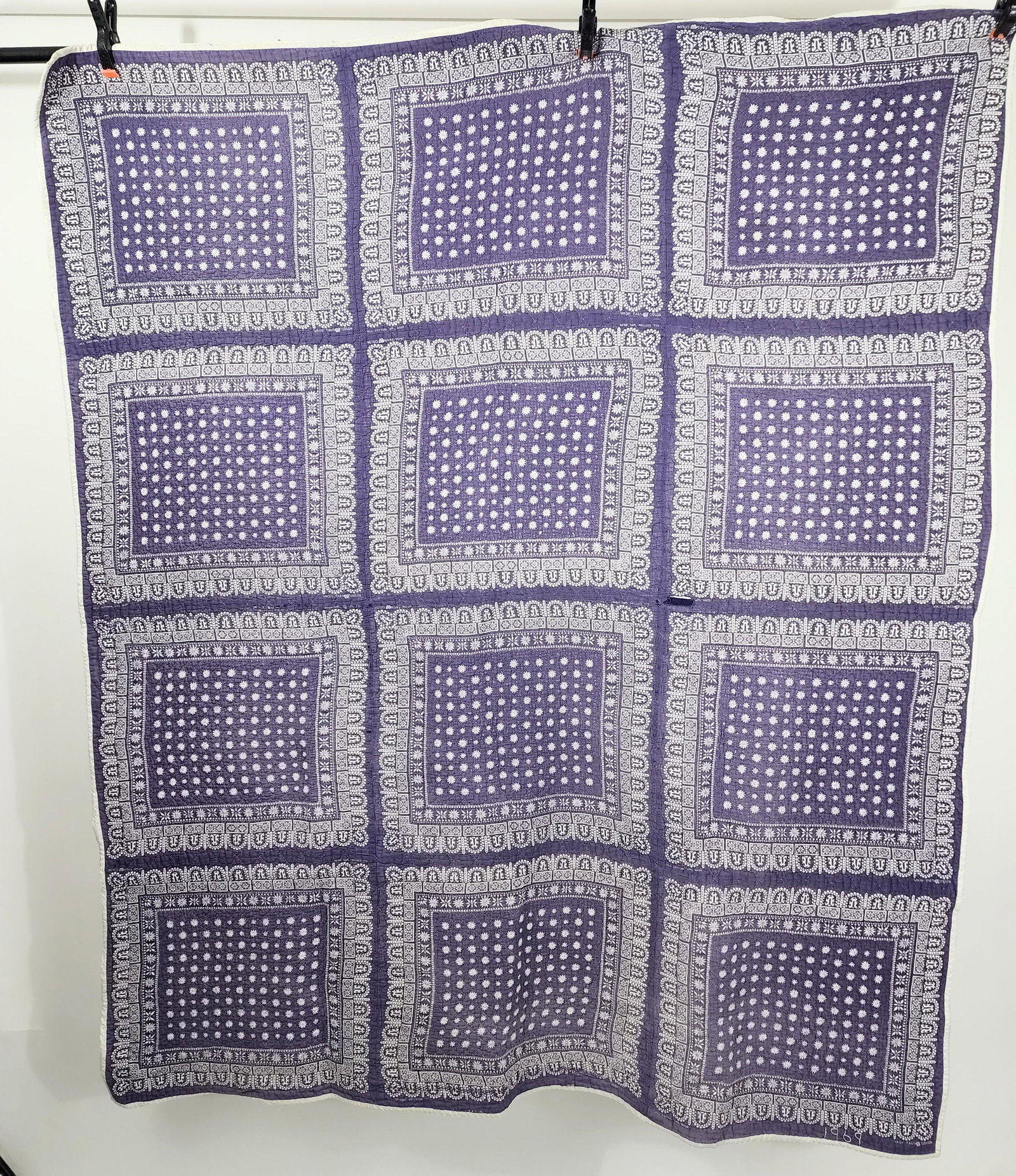 AMERICAN HANDKERCHIEF QUILT: Charlene Koelling, Springfield, Illinois, c. 1969. Blue Handkerchief quilt. Blue and white menâ€™s handkerchiefs pieced together. Approx. 70" x 60".