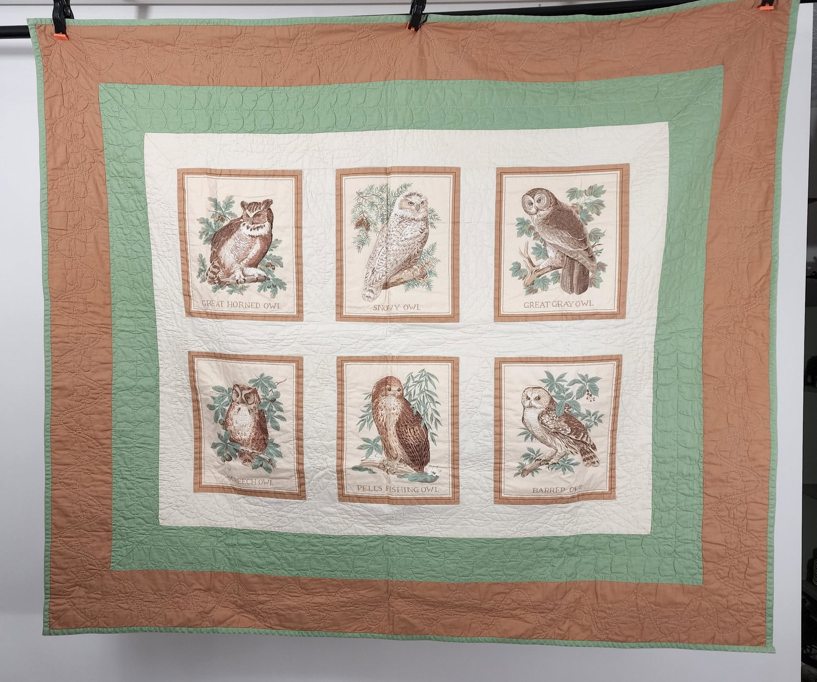 CRIB QUILT WITH OWLS: Charlene Koelling & Ellice Prasse, Petersburg, Illinois, 1987. Owl quilt with six printed owls on white ground with inner green and outer brown borders. Green applied binding. Approx. 59" x 48".