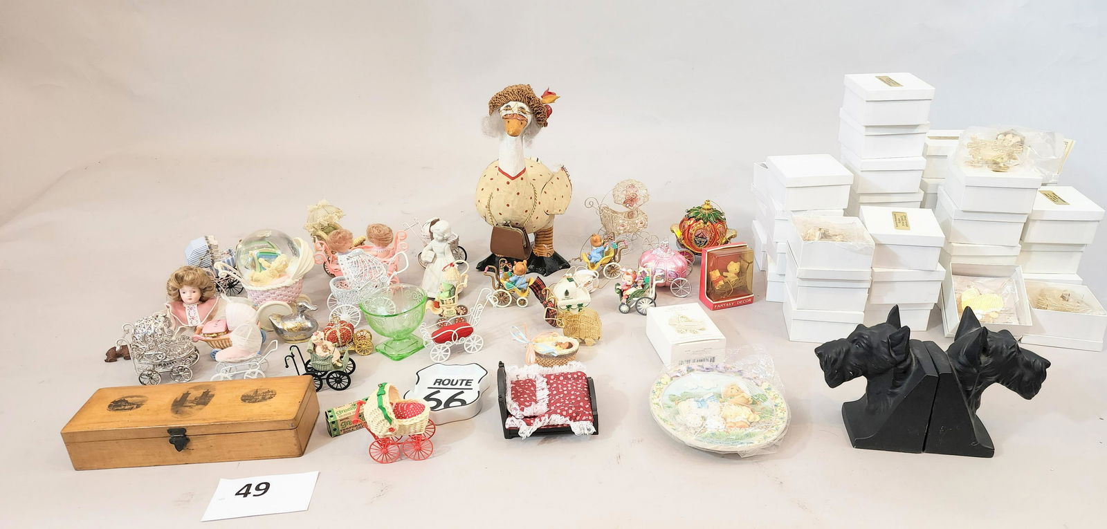 COLLECTION OF TOY CARRIAGES, ORNAMENTS, FIGURES, AND MORE: Includes Perambulator Museum ornaments, Mauchlinware box, scottie bookends, etc.
