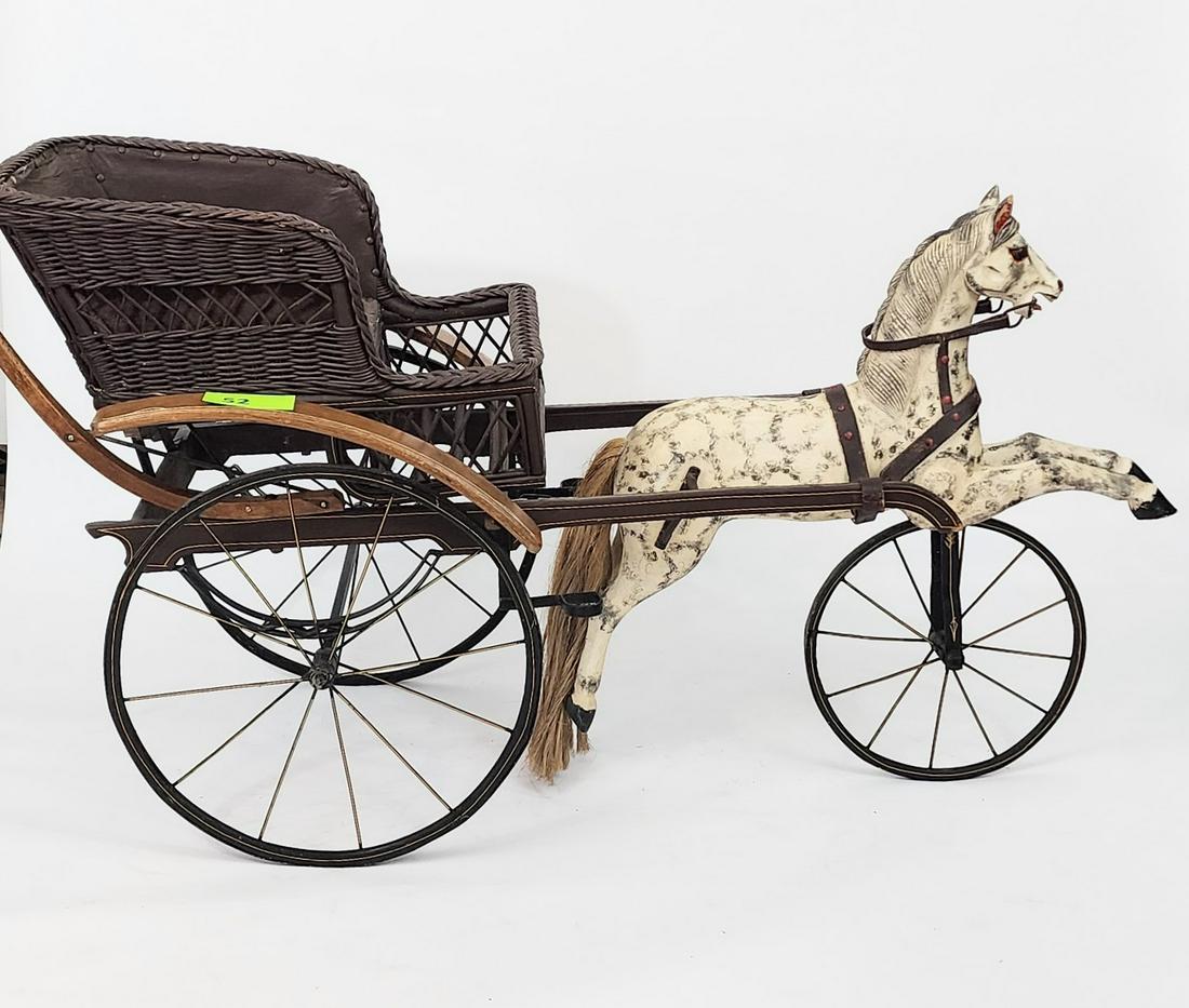 LARGE CHILD'S SULKY-STYLE CARRIAGE WITH CARVED WOODEN HORSE (1 of 8)