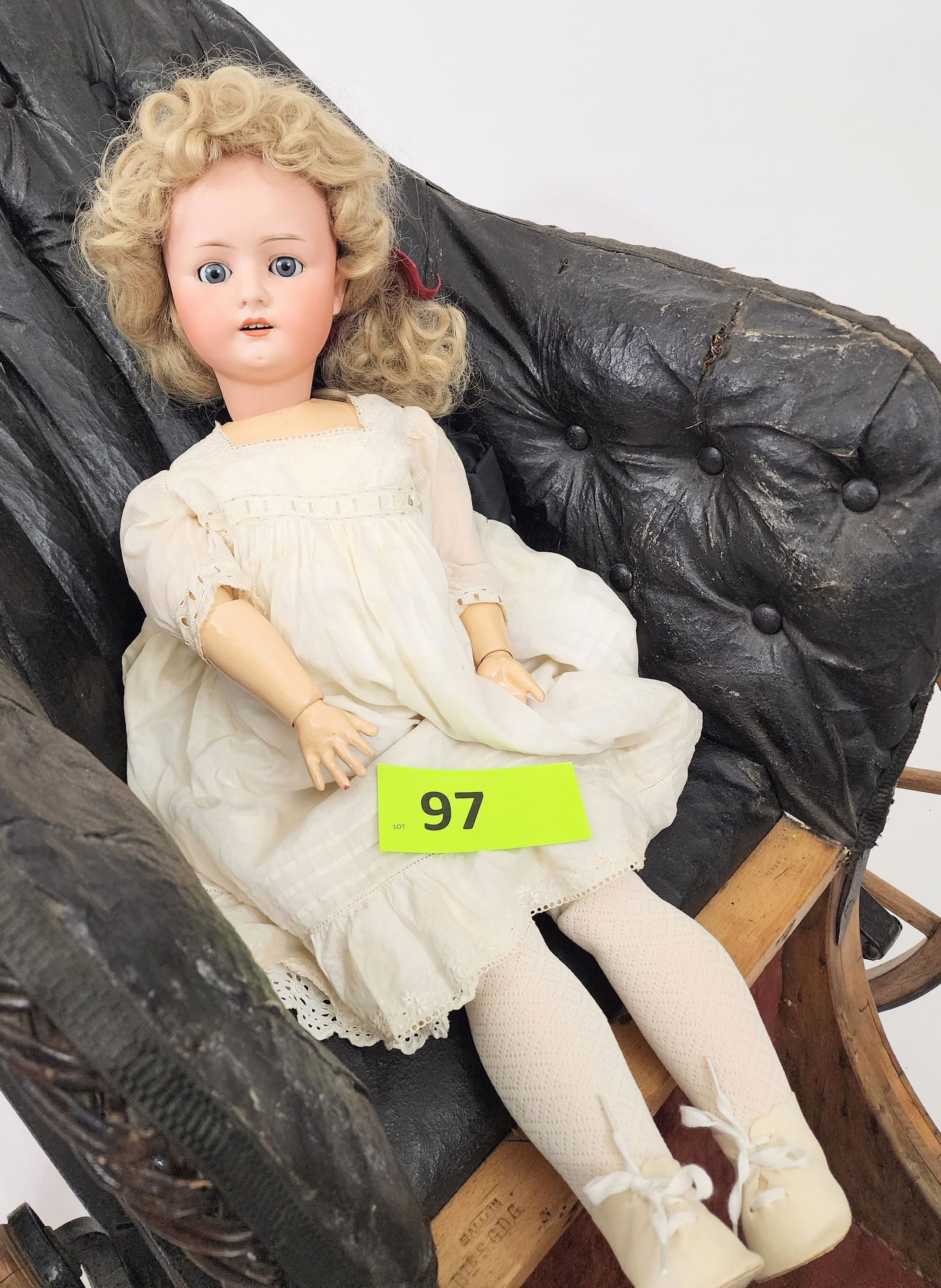 28" HEUBACH KOPPELDORF DOLL: Bisque head and composition body, open mouth with teeth, blonde hair, white gown with lace trim. 28" high.