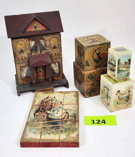 GROUP OF VICTORIAN CHROMOLITHOGRAPH TOYS: Includes R. Bliss doll house, two pairs of nesting blocks, and set of puzzle blocks with numbers and letters. Doll house is 13" high.