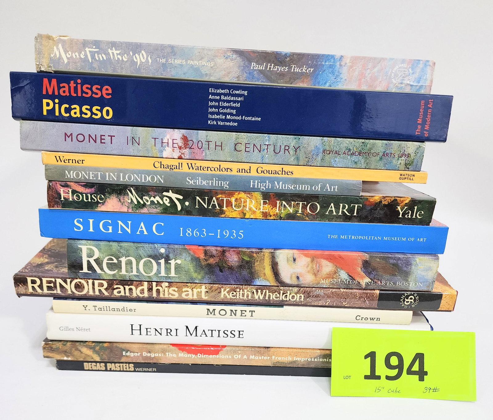 COLLECTION OF 19TH & 20TH CENTURY ART HISTORY BOOKS: Tucker, Monet in the '90s; MOMA, Matisse Picasso; Monet in the 20th Century; Werner, Chagall: Watercolors and Gouaches; House, Monet: Nature Into Art; The Met, Signac 1863-1935; Museum of Fine Arts, B