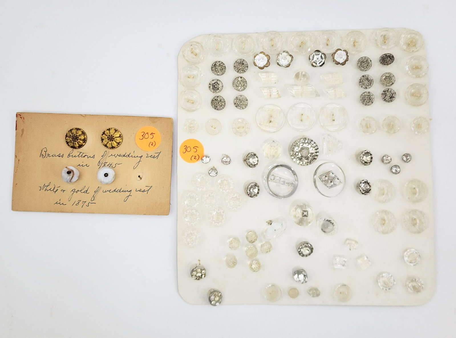 GROUP OF ANTIQUE BUTTONS: Mid-19th-early 20th century. Group consists of clear glass, rhinestone, brass and white glass with gold accents wedding vest buttons. .25"-1” diameter