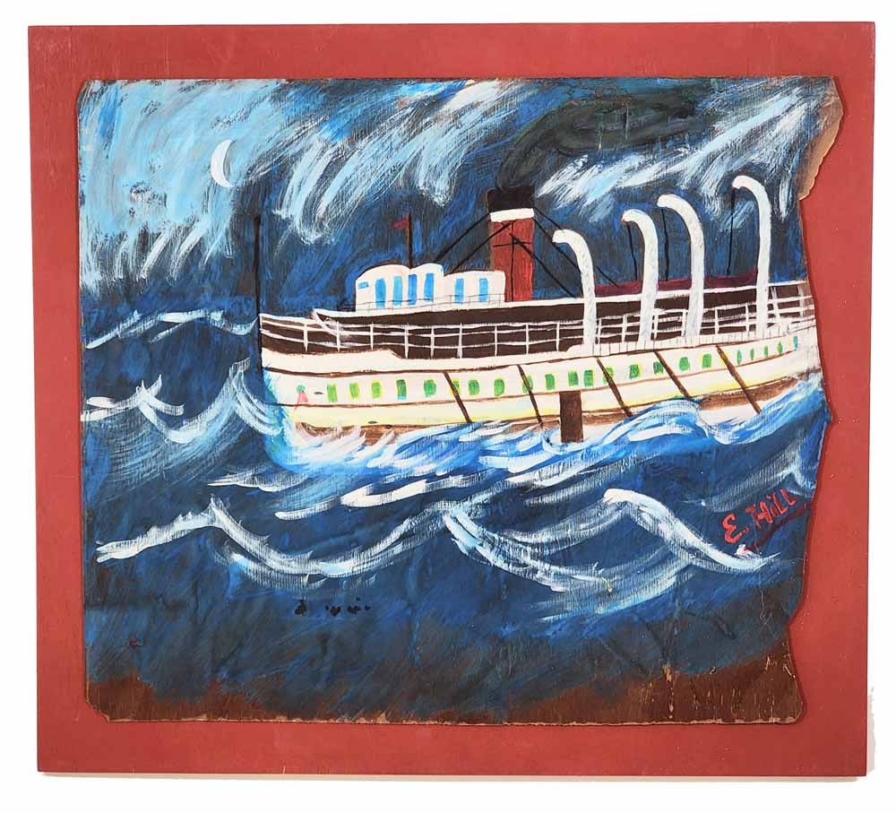 EUGENE HILL (2OTH CENTURY): SHIP AT SEA: Oil on plywood, signed lower right. Mounted on red-painted plywood. 28" high, 31" wide. Hill was Chicago truck driver who taught himself to paint. He showed his work very little during his life.