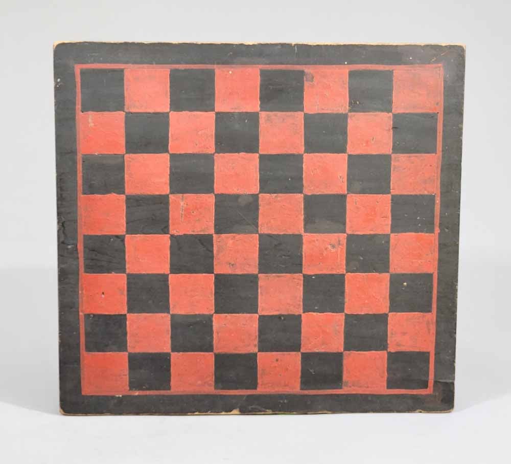 PAINTED GAMEBOARD: American, late 19th-early 20th century, poplar. Checkerboard, with its original red and black paint. 15" high, 16" wide.