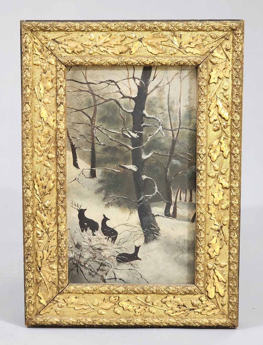 WINTER LANDSCAPE: American, late 19th century, oil on artist's board. Woodland view with deer. In its original frame, 13.5" high, 9.5" wide.