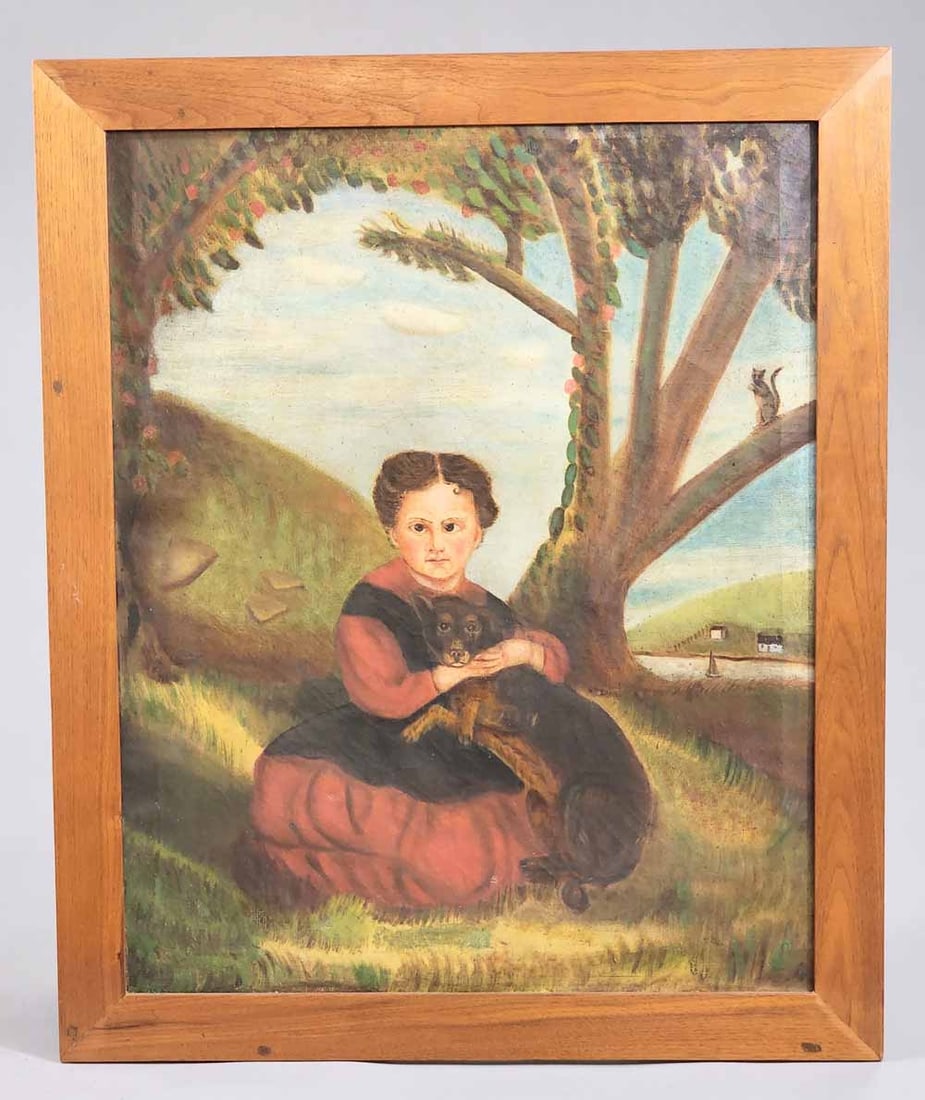 PORTRAIT OF A GIRL AND HER DOG: American, mid-19th century, oil on canvas. Full-length portrait of a seated girl and her dog, and in the background, a tree with squirrel, a river, and a house. In a later frame, 26.75" high, 22" wide